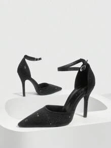 CUCCOO SZL Women's Pointed Toe High Heel Rhinestone Embellished Ankle Strap Pumps, Sexy Party Dress Shoes For Christmas Spring Shoes - Black - View 6