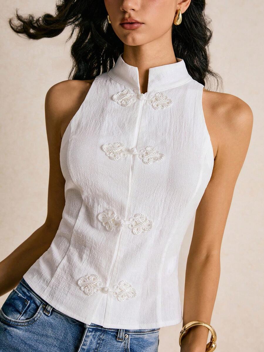 Poéselle Women's Chinese Style Stand Collar Sleeveless Top With Button Design,Button Up Shirt Women,Long Sleeve Shirt,Business Casual Woman,Office Outfits For Women,Old Money Style Women,Classy Outfits For Women, Fall Clothes For Women,Winter Clothes For Women - White - View 1