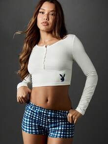 Missguided x Playboy 圣诞节长袖亨利领露脐上衣搭配格子短裤 - 彩色 - 查看 1