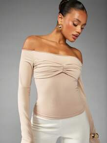 MISSGUIDED Off Shoulder Long Sleeve Top Ruched Front Bustier Detail Elegant Evening Party Occasion Holiday Fitted Blouse Spring Glamorous Sophisticated - Khaki - View 5