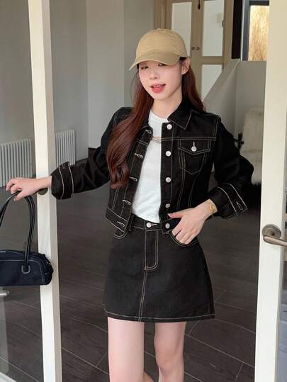 DAZY 女士韩版休闲水洗牛仔衬衫和裙子两件套，春秋装，秋季女装