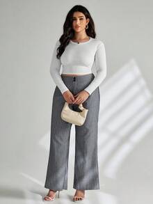 SHEIN Tall CURVE 大码女式纽扣设计宽腿宽松休闲裤 - 深灰色 - 查看 4