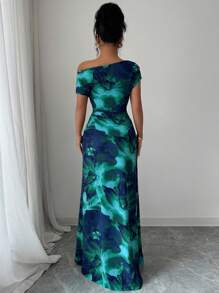 Elenzga Women's Contrast Color Floral Print Asymmetrical Neck + Waist Ruched Dress - Green - View 2