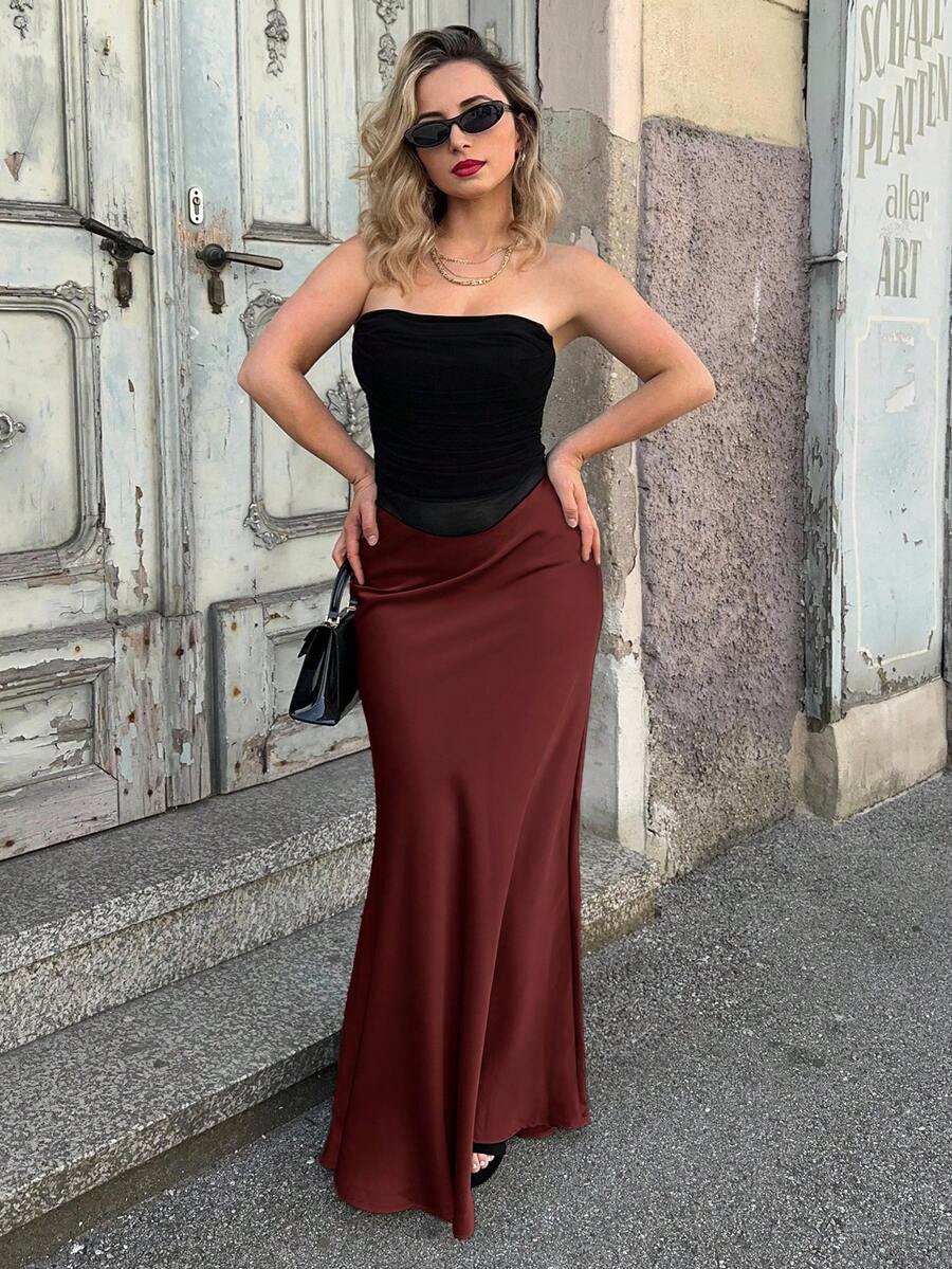 Jeta Ari Solid High Waist Skirt Elegant For Summer Maxi Women Outfit - Maroon - View 1