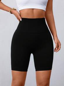 Slayform 无缝宽腰带紧身运动短裤弹力短裤女士运动短裤、健身短裤、骑行短裤 - 黑色 - 查看 3