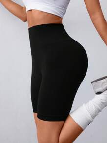 Slayform 无缝宽腰带紧身运动短裤弹力短裤女士运动短裤、健身短裤、骑行短裤 - 黑色 - 查看 4