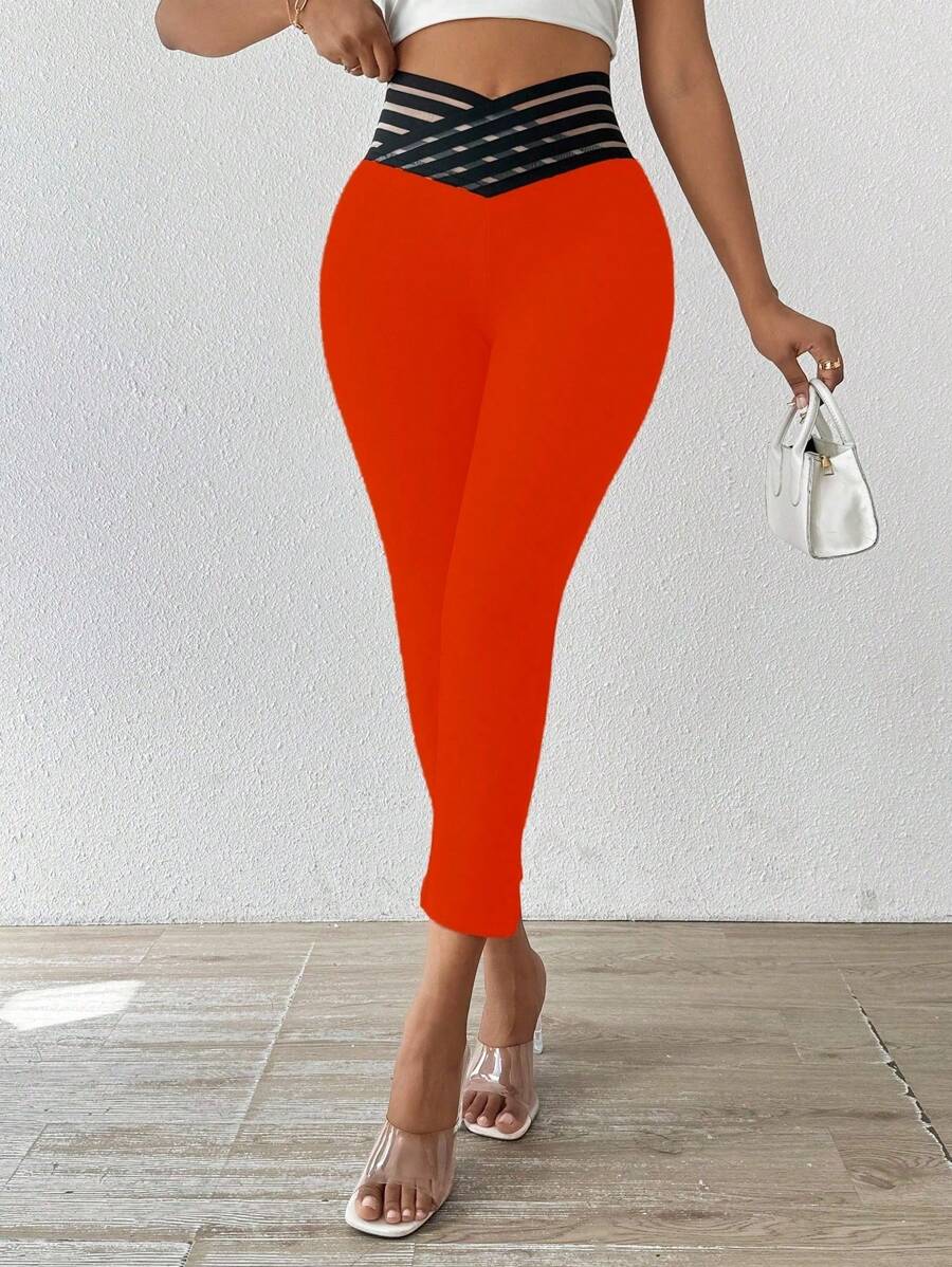 SHEIN Clasi Women's Contrast Color Criss-Cross Casual Pants - Burnt Orange - View 1