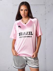Streetz SHEIN Sport Women's Light Pink Summmer Athleisure Graphic Workout Brazil Letter Striped Jersey,Y2k Soccer Basketball Sports Outfit Athletic Matching Set Clothes - Pink - View 3