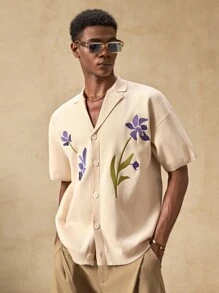 AKNOTIC Áo len cardigan tay ngắn dáng rộng thoải mái cho nam - Màu be - Xem 2