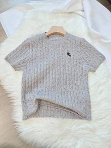 INAWLY Slim Fit Vintage Embroidered Cable Knit Short Sleeve Cropped T-Shirt - Grey - View 5