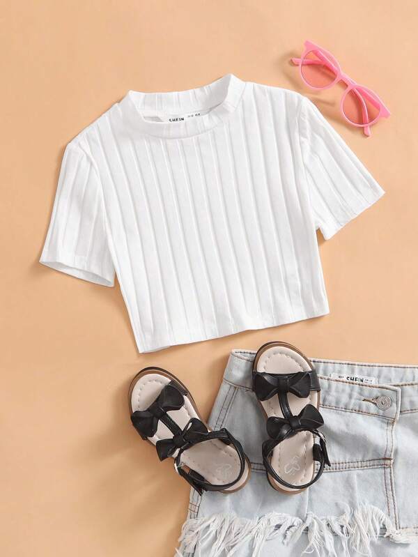 SHEIN Tween Girls' Casual Solid Color Cropped T-Shirt, Summer