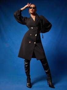 NYA SZN Dress Long Sleeve Plunge V Neck Button Up Collar Modest Guest Midi Length Outfits For Women - Black - View 1
