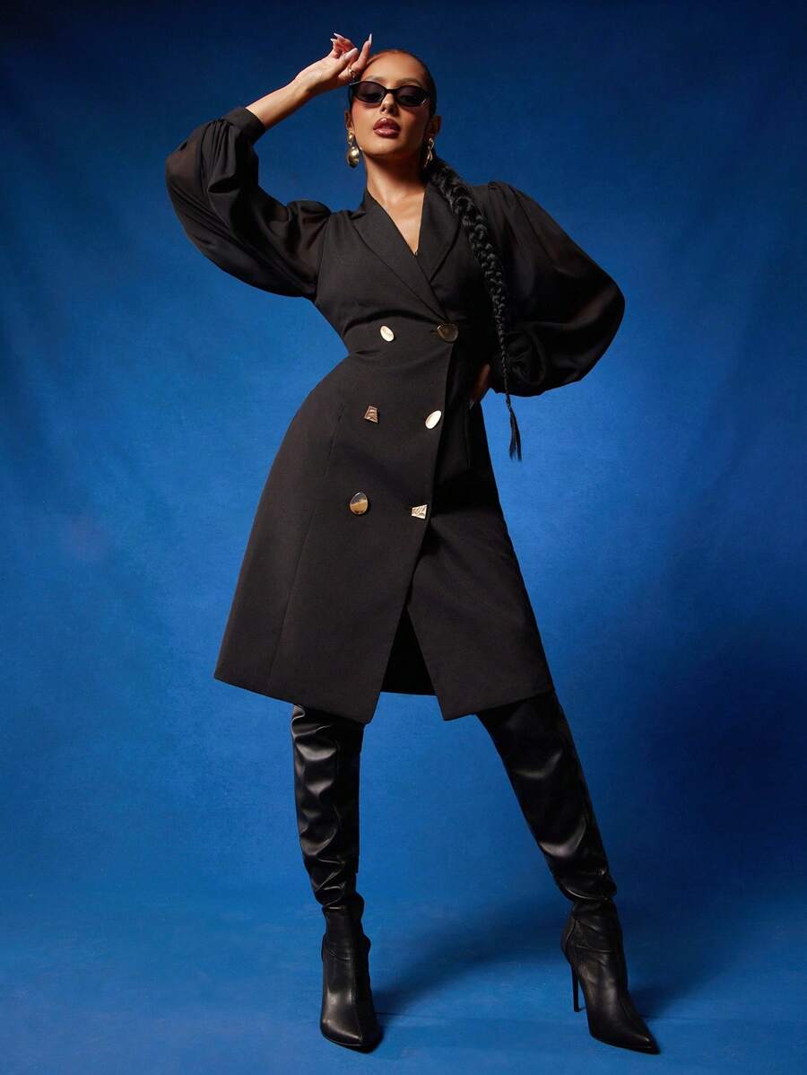 NYA SZN Dress Long Sleeve Plunge V Neck Button Up Collar Modest Guest Midi Length Outfits For Women - Black - View 1