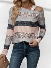 SHEIN LUNE Elegant Casual Faux Foil Graphic Print Oblique Shoulder Long Sleeve Loose Crew Neck Women Top T-Shirt Fall Cloth For Women - Multicolor - View 8