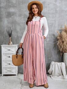 EMERY ROSE Plus Size Women's Pastel Pink Striped Summer Boho Vacation Holiday Casual Pocket Design Pleated Wide Leg Palazzo Jumpsuit Fall Long Clothes - Multicolor - View 5