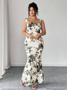 Elenzga 永不过时的怪异优雅系列（Woe Is Me Vibes）（星期三美学）优雅花卉印花垂坠领长裙 - 白色 - 查看 6