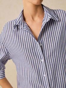 Poéselle Drop Shoulder Shirt Women's Long Sleeve Striped Shirt, Cute Summer Tops, Summer Women's Clothing, White Shirt, Fresh Casual Shirt, Button Closure, Covered Shirt, Lightweight And Breathable Made Of Comfy Material, Suitable For Holiday Going Out, Casual Daily 100% Cotton