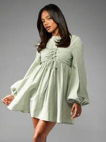 MISSGUIDED Long Sleeve Empire Waist Mini Dress Corset Style Ruched Front Party Cocktail Wedding Guest Spring Summer Fall Fashion