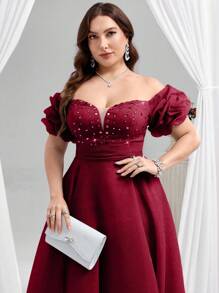 Coutiva 优雅落肩热格纹水钻深 V 领泡泡褶短袖摇摆舞会礼服，适合生日派对、毕业典礼、晚宴