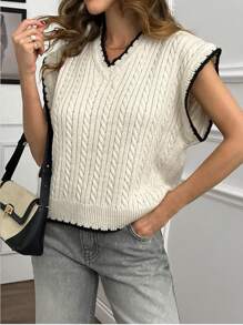 EURMUSE Women Contrast Hem Detailed V-Neck Cable Knit Pattern Knit Vest - Beige - View 1