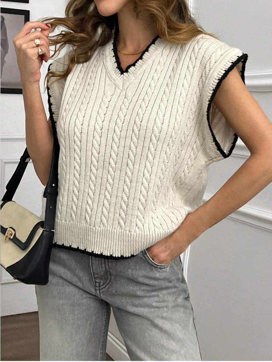 EURMUSE Women Contrast Hem Detailed V-Neck Cable Knit Pattern Knit Vest - Beige - View 1