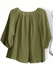 EMERY ROSE Áo sơ mi tay đèn lồng màu trơn thường ngày cỡ lớn - xanh quân đội - Xem 2