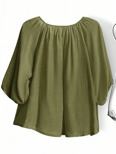 EMERY ROSE Plus Size Casual Solid Color Lantern Sleeve Shirt