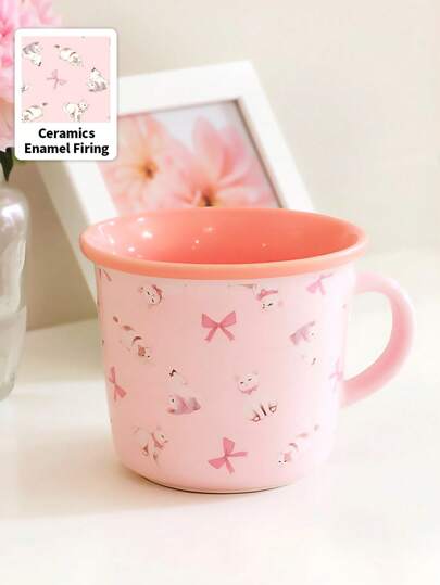 Kawaii 1pc Pink Colored Ceramic Coffee Cup, Simple Household Water Cup, Dishwasher, Microwave Compatible,Bow And Catie Pattern Cup, Kawaii Style,Suitable For Restaurant Or Home,Home Room Decor