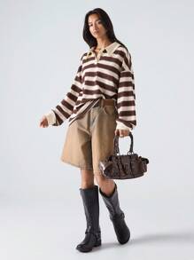 LYSMO 2025 Nuevo Llegado Minimalismo Otoño Mujer Camiseta casual holgada de cuello polo de manga larga con hombros caídos a rayas para salir, volver a la escuela, graduación, ropa urbana, grunge y punk chic, estilo Y2K y Estocolmo, mujer con estilo y maestra única, aeropuerto y viaje para mujer, blusas de otoño