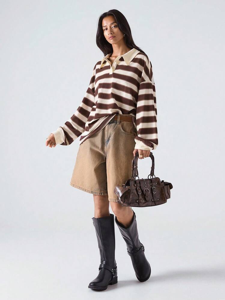 SHEIN EZwear قميص كاجوال بياقة بولو وأكمام طويلة منسدلة وخطوط فضفاض، مناسب للخروجات، العودة إلى المدرسة، موسم التخرج، الربيع/الخريف - بني - مشاهدة 7