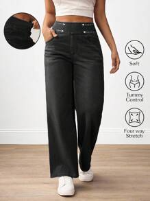 SHEIN PETITE Damen Lässig Gewaschen Hohe Taille Gerade Bein Jeans
