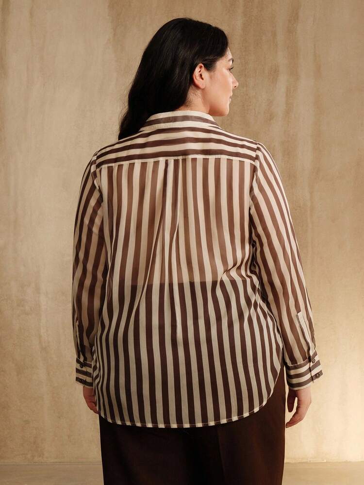 Plus Size Women Urban Chic Striped Sequin Embellished Collared Long Sleeve Blouse, Suitable For Autumn, Fall, Winter, Going Out, Elegant, Formal, Party, Chic, New Year, Christmas, Work, Graduation, Wedding