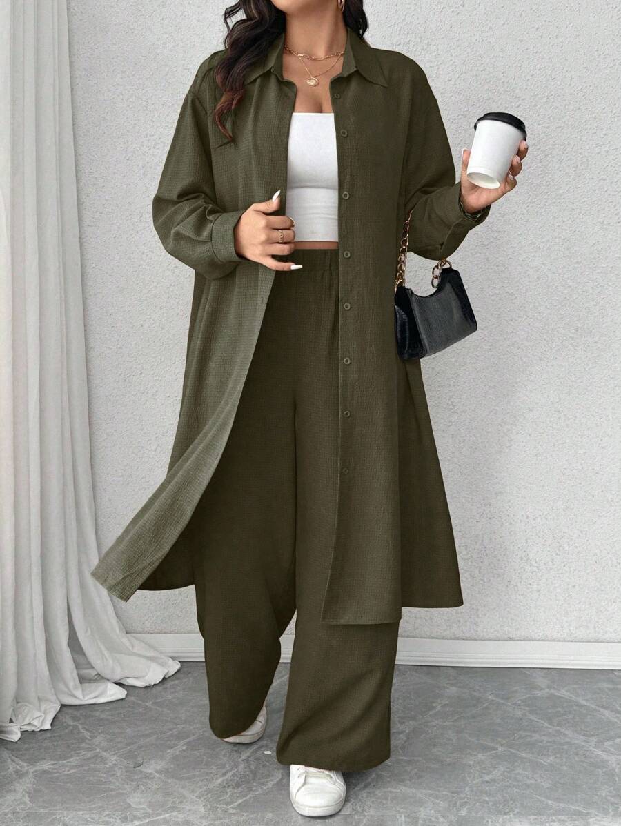Linhara Woven Fabric Ruffle Suit Set For Women Featuring Long Pants And Collar Neckline Olive Green Outfit Women Women Pant Suit Set Plus Size Pant Suit Khaki Outfits For Women Modest Outfits For Women Fall Cloth For Women