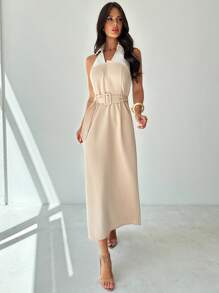 Firerie Women's Elegant Casual Commute Office Wear Fashion Versatile Khaki Shirt Collar 2 In 1 Sleeveless Tie-Waist Open Back A-Line Dress, Summer Outfit, Retro Style - Khaki - View 7