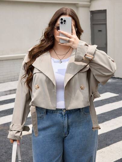 SHEIN CURVE+ Plus Size Women Vintage Loose Lapel Short Windbreaker With Beltfall Clothes For Women,Winter,CURVE PLUS Autumn