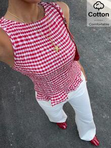 Siren Gaze 女式夏季休闲度假格纹印花荷叶边下摆修身吊带背心 - 紅白色 - 查看 8