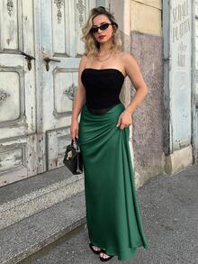 Jeta Ari Women Elegant Solid Satin Maxi Skirt - Army Green - View 4