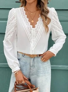 SHEIN Frenchy Vacation Casual Solid Color Hollow Out Embroidered Puff Sleeve Shirt Winter White - White - View 4