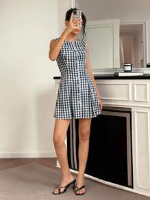 Chiquease Women's Woven Plaid Ruched A-Line Mini Dress Summer Dress Breezy Checks Season Clothes For University - Black and White - View 4