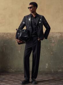 AKNOTIC 男士梭织休闲宽松夹克和直筒裤两件套 - 黑色 - 查看 3