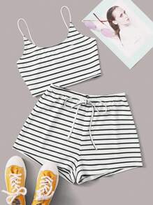 SHEIN EZwear Striped Crop Cami Top & Tie Waist Shorts Set - Black and White - View 1