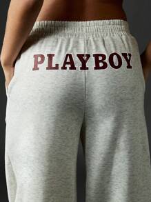 Missguided x Playboy Varsity Graphic Wide Leg Sweatpants Vintage Inspired Loungewear Retro Aesthetic Casual Fleece Bottom High Rise Baggy Comfort Streetwear Winter - Light Grey - View 4