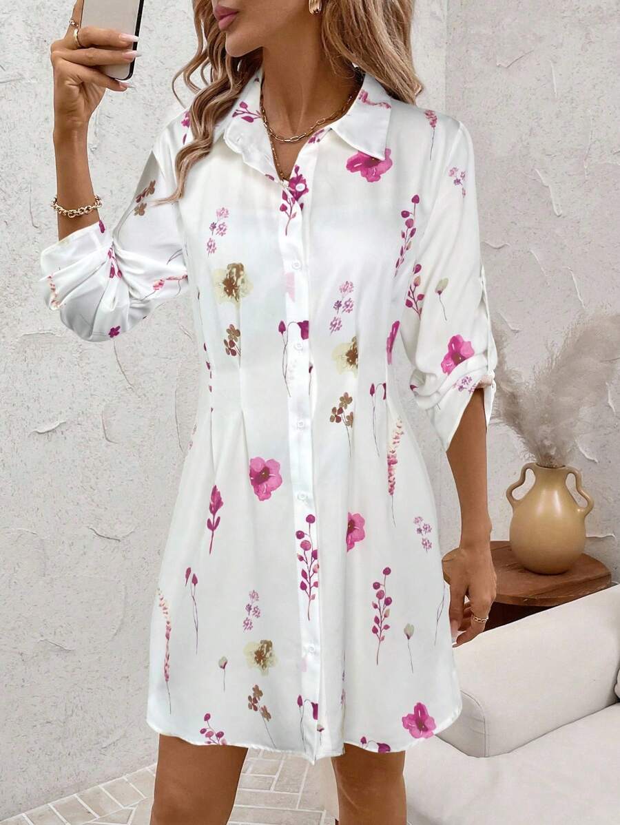 SHEIN Clasi 女士花卉印花衬衫裙，秋冬时尚百搭通勤连衣裙 - 彩色 - 查看 1