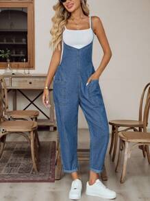 EMERY ROSE New Style Women's Denim Overalls Suspenders Loose Straight Jumpsuit Side Pockets And Jumpsuit Blue Jumpsuit Fall Women Clothes Back To School Halloween Going Out Cargo Pants Women Women Denim Jumpsuit Blue Jean Jumpsuit Women Summer Jumpsuit - Medium Wash - View 1