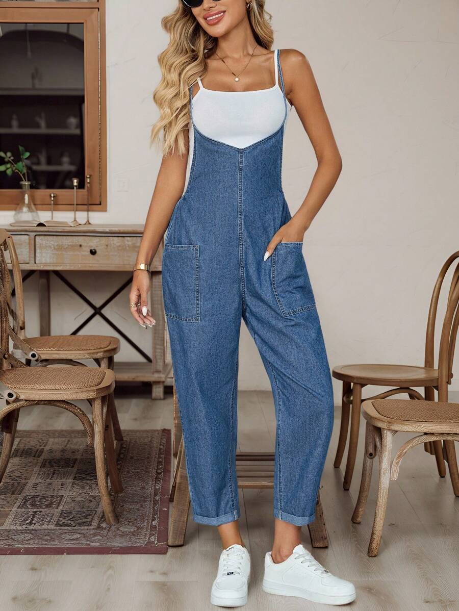 EMERY ROSE New Style Women's Denim Overalls Suspenders Loose Straight Jumpsuit Side Pockets And Jumpsuit Blue Jumpsuit Fall Women Clothes Back To School Halloween Going Out Cargo Pants Women Women Denim Jumpsuit Blue Jean Jumpsuit Women Summer Jumpsuit - Medium Wash - View 1