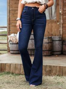 SHEIN Jeans acampanados con bolsillos de tela elástica para mujer de talla grande