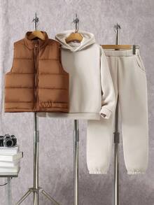 3 件套青少年女孩休闲百搭日常居家和学校绗缝加厚背心 + 运动衫 + 运动裤宽松运动套装秋冬 - 杏色 - 查看 3