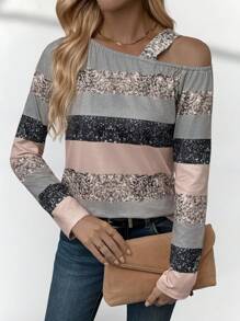 SHEIN LUNE Elegant Casual Faux Foil Graphic Print Oblique Shoulder Long Sleeve Loose Crew Neck Women Top T-Shirt Fall Cloth For Women - Multicolor - View 6