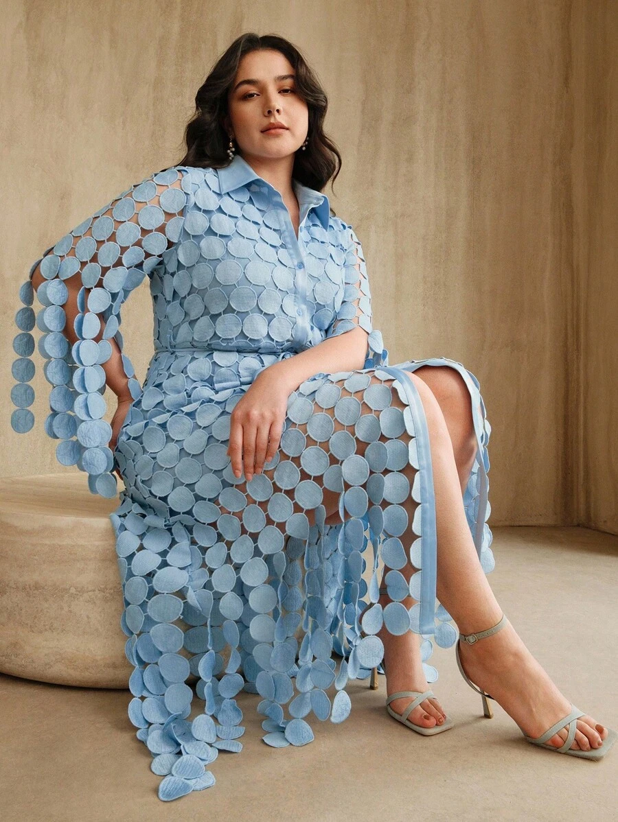 Anewsta Plus Size Women's Summer Long Dress, 3/4 Sleeve, Blue Circular Pattern, A-Line Elegant Shirt Dress