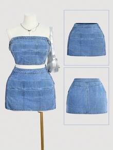 SHEIN MOD Plus Size Women's Casual Non-Stretch Denim Mini Skirt, Summer - Blue - View 1